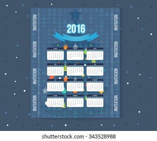 Christmas tree Calendar 2016 year design. English, Sunday start. Decorated Christmas tree with a star