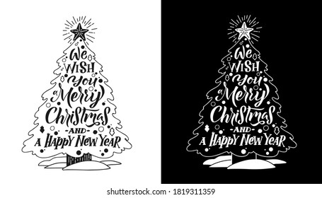 Christmas TREE calligraphy card. White on black background. Black on white background. Hand written lettering. Print design. Vector