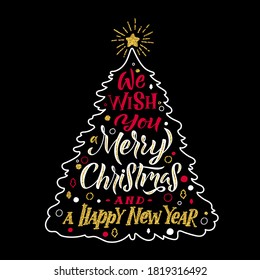 Christmas TREE calligraphy card. White on black background. Golden shine, white and red on black background. Hand written lettering. Print design. Vector.