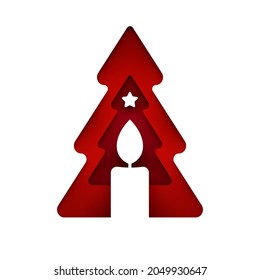 Christmas tree with candle in modern paper cut style isolated on white color. Holiday abstract background. Minimalistic art composition. Template design for banner, card, cover. Vector illustration.