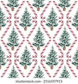 Christmas tree and candy cane seamless pattern. Merry Christmas, New Year wallpaper.	