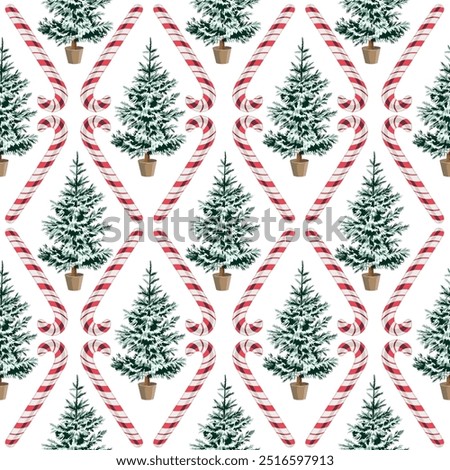 Christmas tree and candy cane seamless pattern. Merry Christmas, New Year wallpaper.	