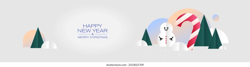 Christmas tree, candy cane and snowman on a snowly background. New Year's horizontal web banner. Minimalistic design banner.