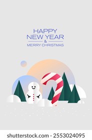 Christmas tree, candy cane and snowman on a snowly background. New Year's card. Minimalistic design card.