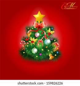 Christmas Tree with Candy, Fir Branches, Mistletoe and Gift on Red Background, vector illustration