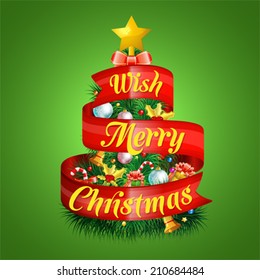 Christmas Tree with Candy, Fir Branches, Mistletoe, Gift and Ribbon on green background.
