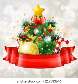 Christmas Tree with Candy, Fir Branches, Mistletoe and Gift in Red Ribbon on bright background, vector illustration