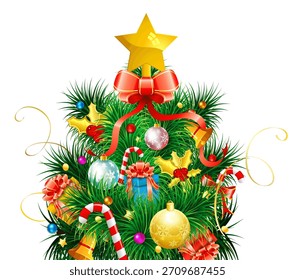 Árbol de Navidad con caramelo, ramas de abeto, Streamer y regalo. Ilustración vectorial sobre fondo transparente