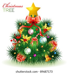 Christmas Tree with Candy, Fir Branches, Mistletoe, Gift, isolated on white, element for design, vector illustration