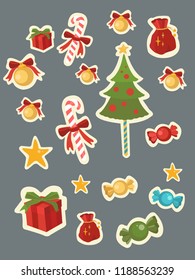 Christmas tree candy gifts sweets bag with gifts in flat style isolated on grey illustration of New Year related icons ready to be printed as stickers vector set for New Year design.