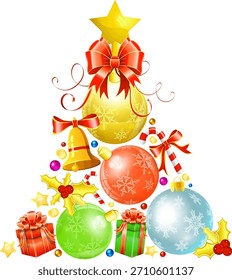 Árvore de Natal com doce, Mistletoe, presente e Baubles isolados no fundo branco, ilustração vetorial.