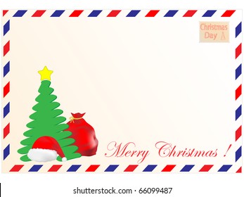 Christmas tree a cap Santa Claus and a gifts located against an envelope of aviation mail