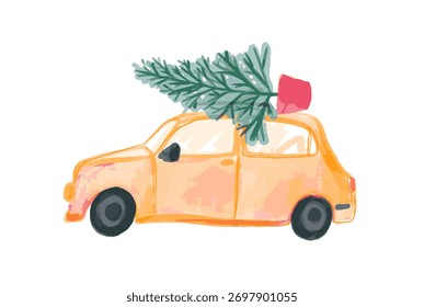 Entrega de carro árvore de Natal, pinheiro em pote no telhado, aquarela pintada ilustração desenhada à mão.