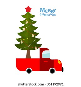 Christmas tree in car. Truck carries decorated Fir-tree for holiday. Garlands and bumps and Red Star. Happy Xmas