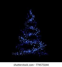 Christmas tree card background. Blue Christmas tree as symbol of Happy New Year, Merry Christmas holiday celebration. Sparkle light decoration. Bright shiny design Vector illustration