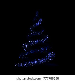Christmas tree card background. Blue Christmas tree as symbol of Happy New Year, Merry Christmas holiday celebration. Sparkle light decoration. Bright shiny design Vector illustration