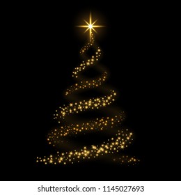 Christmas tree card background. Gold Christmas tree as symbol of Happy New Year, Merry Christmas holiday celebration. Golden light decoration. Bright shiny design Vector illustration