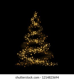 Christmas tree card background. Gold Christmas tree as symbol of Happy New Year, Merry Christmas holiday celebration. Golden light decoration. Bright shiny design Vector illustration