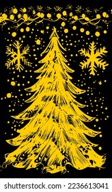 Christmas tree card background. Gold Christmas tree as symbol of Happy New Year, Merry Christmas holiday celebration. Golden star decoration. Bright shiny design Vector illustration