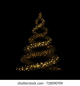 Christmas tree card background. Gold Christmas tree as symbol of Happy New Year, Merry Christmas holiday celebration. Golden light decoration. Bright shiny design Vector illustration