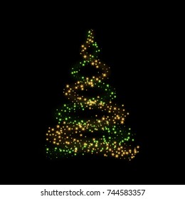 Fondo de la tarjeta del árbol de Navidad. Árbol de Navidad de oro como símbolo de Feliz Año Nuevo, Feliz celebración de vacaciones de Navidades. Decoración de luz dorada. Ilustración vectorial de diseño brillante brillante