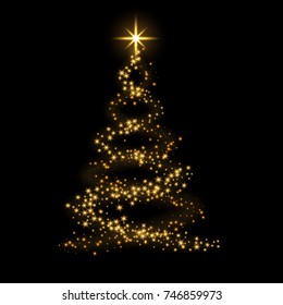 Christmas tree card background. Gold Christmas tree as symbol of Happy New Year, Merry Christmas holiday celebration. Golden light decoration. Bright shiny design Vector illustration