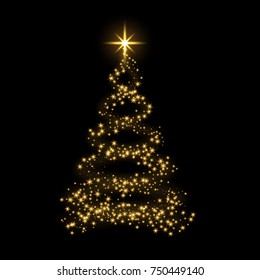 Christmas tree card background. Gold Christmas tree as symbol of Happy New Year, Merry Christmas holiday celebration. Golden star decoration. Bright shiny design Vector illustration