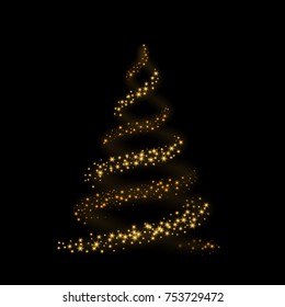 Christmas tree card background. Gold Christmas tree as symbol of Happy New Year, Merry Christmas holiday celebration. Golden light decoration. Bright shiny design Vector illustration