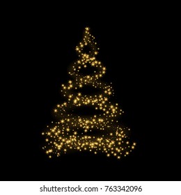 Christmas tree card background. Gold Christmas tree as symbol of Happy New Year, Merry Christmas holiday celebration. Golden light decoration. Bright shiny design Vector illustration