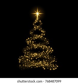Christmas tree card background. Gold Christmas tree as symbol of Happy New Year, Merry Christmas holiday celebration. Golden light decoration. Bright shiny design Vector illustration
