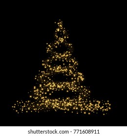 Christmas tree card background. Gold Christmas tree as symbol of Happy New Year, Merry Christmas holiday celebration. Golden light decoration. Bright shiny design Vector illustration