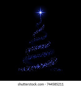 Christmas tree card background. Green Christmas tree as symbol of Happy New Year, Merry Christmas holiday celebration. Sparkle light decoration. Bright shiny star Vector illustration