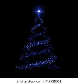 Christmas tree card background. Green Christmas tree as symbol of Happy New Year, Merry Christmas holiday celebration. Sparkle light decoration. Bright shiny star Vector illustration
