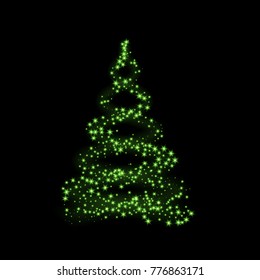 Christmas tree card background. Green Christmas tree as symbol of Happy New Year, Merry Christmas holiday celebration. Sparkle light decoration. Bright shiny design Vector illustration