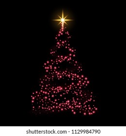 Christmas tree card background. Red Christmas tree as symbol of Happy New Year, Merry Christmas holiday celebration. Sparkle light decoration. Bright gold star Vector illustration