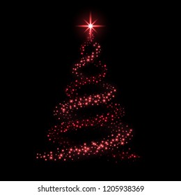 Christmas tree card background. Red Christmas tree as symbol of Happy New Year, Merry Christmas holiday celebration. Sparkle light decoration. Bright shiny star Vector illustration