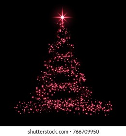 Christmas tree card background. Symbol of Happy New Year, holiday celebration. Bright shiny star Vector illustration