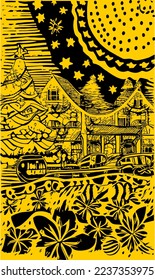 Fondo de la tarjeta de árbol de Navidad. Trippy Feliz Año Nuevo, Feliz Navidad. Decoración de estrellas doradas. Diseño Linoprint Ilustración vectorial