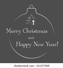 Christmas tree card. Balls, star, gift. Cartoon icon. Black silhouette decoration sign, isolated on white background. Flat design. Symbol holiday, Christmas, New Year celebration Vector illustration