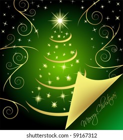 Christmas tree card with curled corner, vector