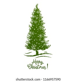 Christmas tree. Card design with a hand drawn green Christmas tree with snowflakes and Merry Christmas text.