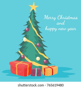 Christmas tree card design of Merry Christmas and happy new year with gift boxes and ornaments. Vector illustration.