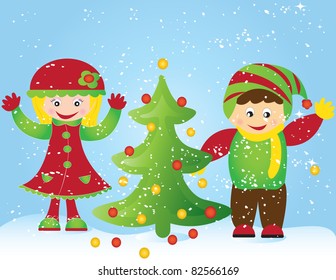 Christmas tree card with figures and balls