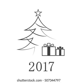 Christmas tree card with gift, 2017 number. Cartoon icon. Black silhouette decoration, isolated on white background. Flat design. Symbol holiday, Christmas, New Year celebration Vector illustration
