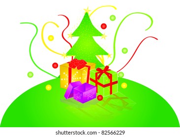 Christmas tree card with gifts and balls