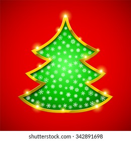 Christmas tree card with golden border and showflakes