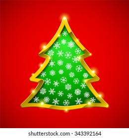 Christmas tree card with golden border and showflakes