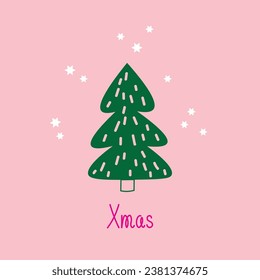 Christmas tree card hand drawn flat vector illustration. Drawn in minimalist style spruce, snowflakes and text, background template for congratulations with winter holidays, design, packaging, poster