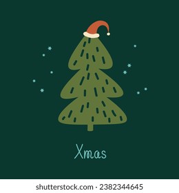 Christmas tree card hand drawn flat vector illustration. Drawn in minimalist style spruce, snowflakes, text.  Festive background template for congratulations with winter holidays, Xmas, Happy New Year