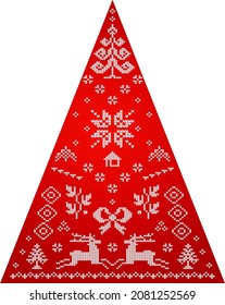 Christmas tree card. Handmade embroidered or knitted ornament. Christmas pattern on clothes, Scandinavian style. Old fashioned home decorations. Hyugge style.